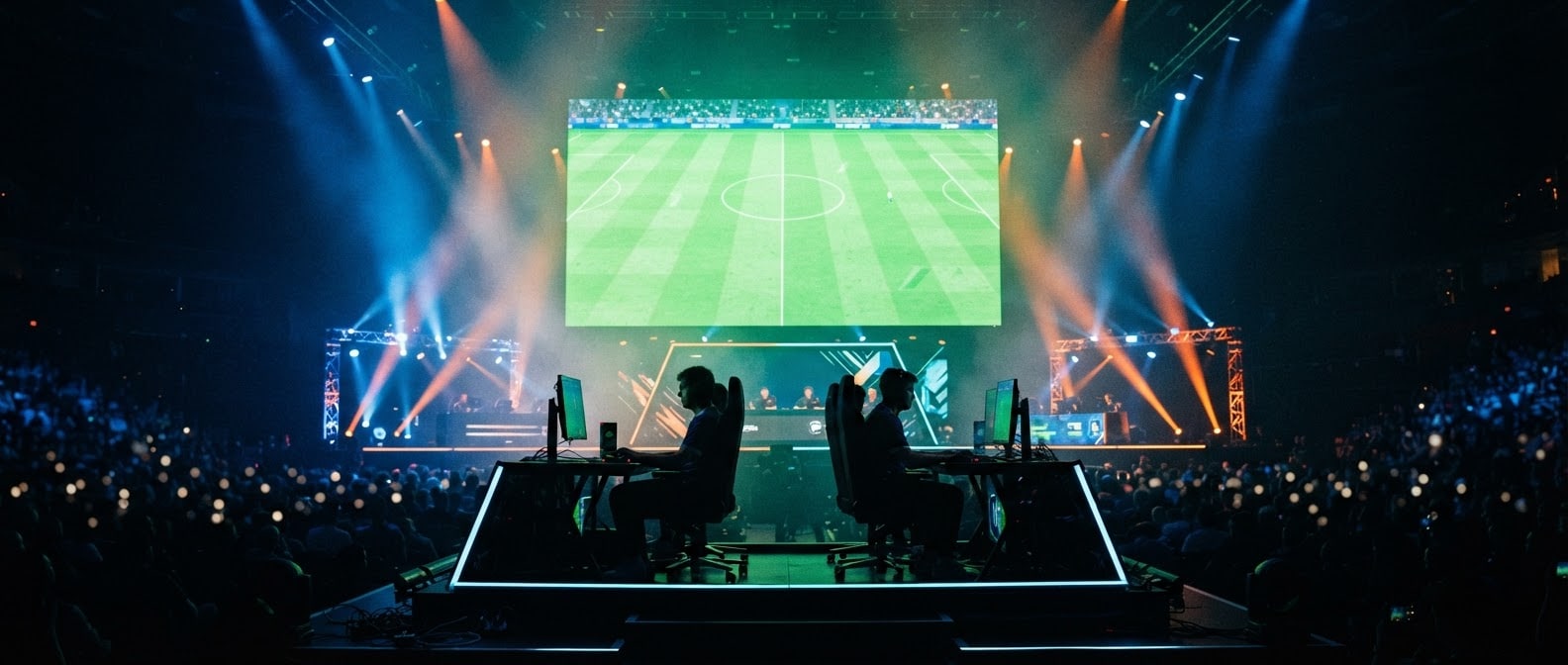 Arena esports con luces azul y naranja